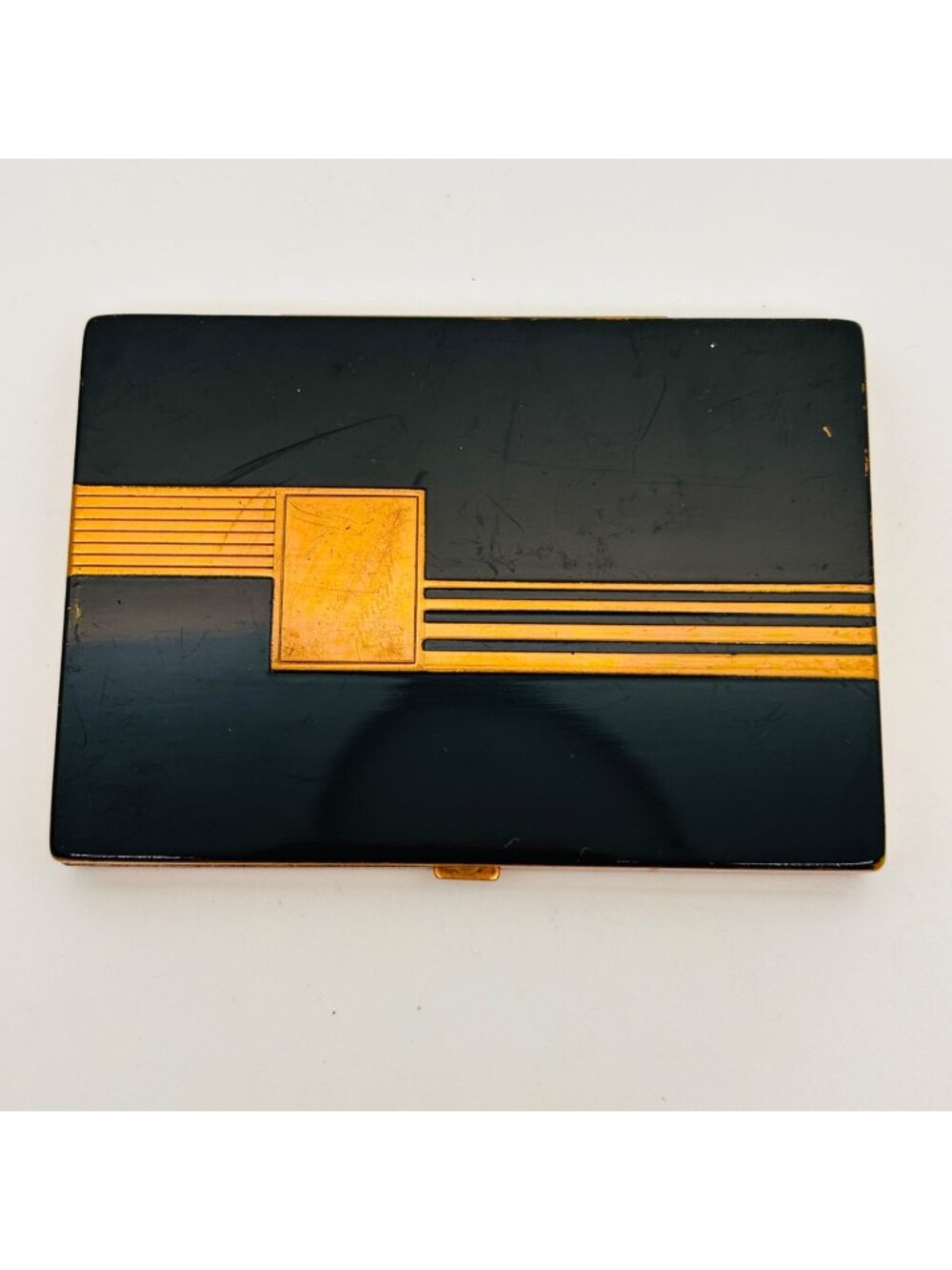 Art Deco Compact Black Enamel Gold Geometric Powder Case Dorothy Gray Vintage